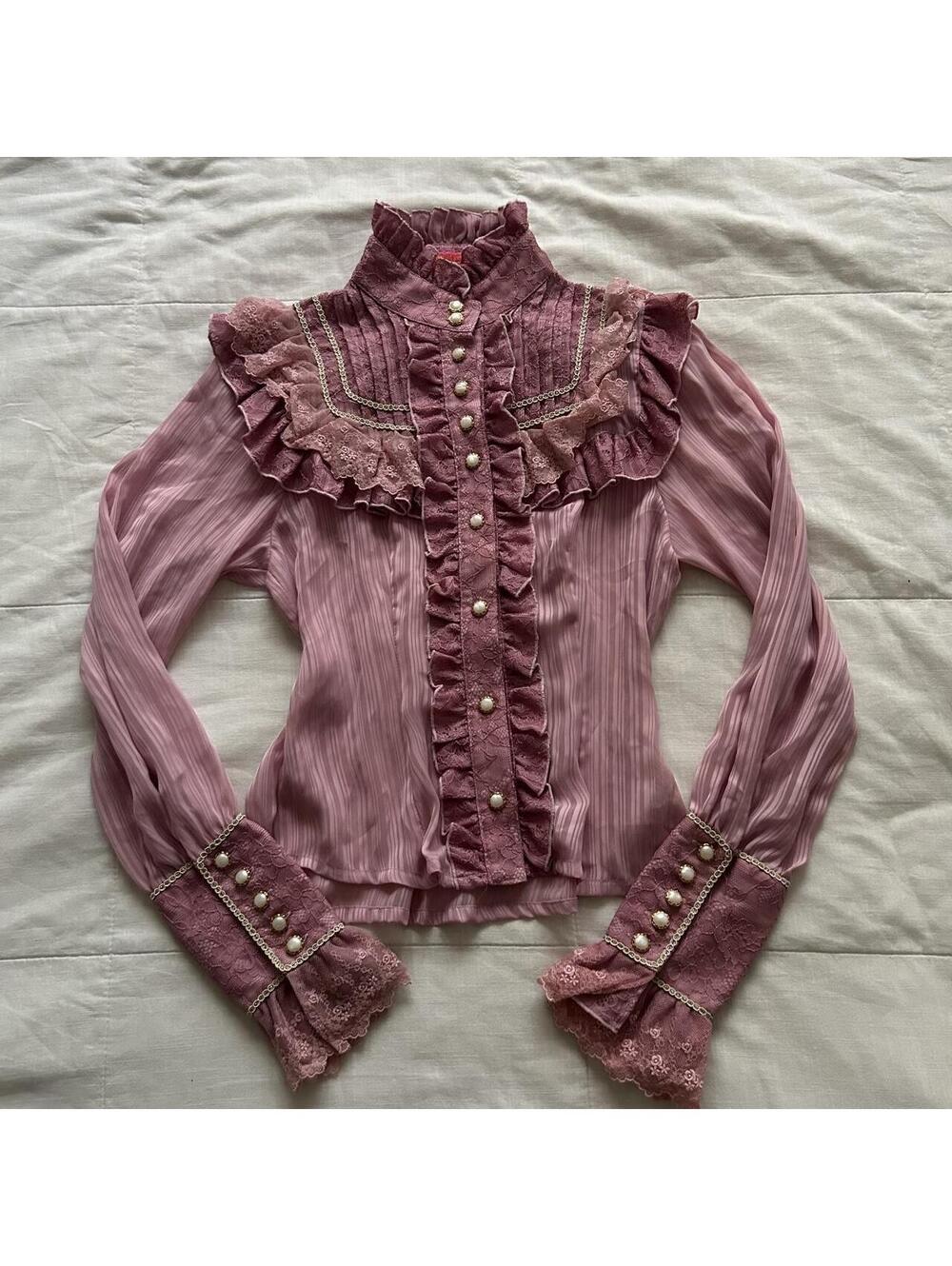 Baby the Stars Shine Bright Mauve Pink Victorian Lace Ruffle Pearl Blouse XS